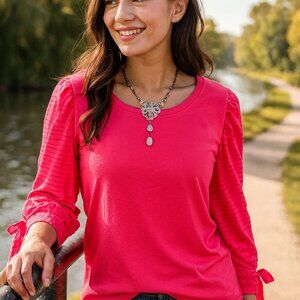 Cato Pink 3/4 Puffed Bow Sleeve Blouse Size Large